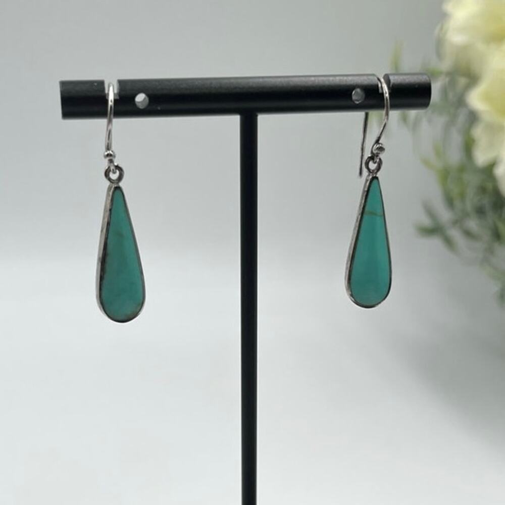 ATI Signed Vintage Sterling Silver‎ Inlay Turquoise Teardrop Dangle Earrings